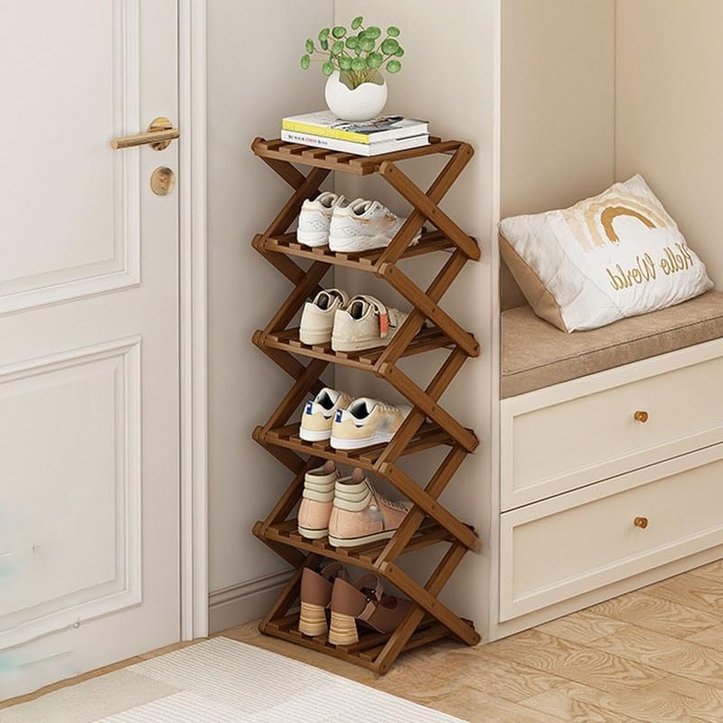 Kiss Me 6-Tier Bamboo Narrow Folding Shoe Rack Vertical