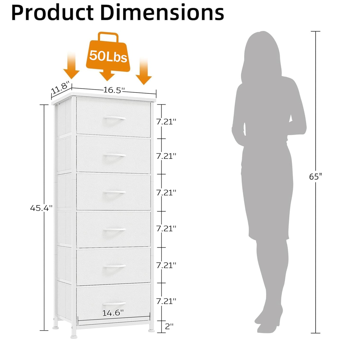 CAIYUN 6 Drawer Tall Dresser, Dresser for Bedroom Entryway Hallway, Closet Storage Drawer, Commode De Chambre, Armoire De Rangement, White