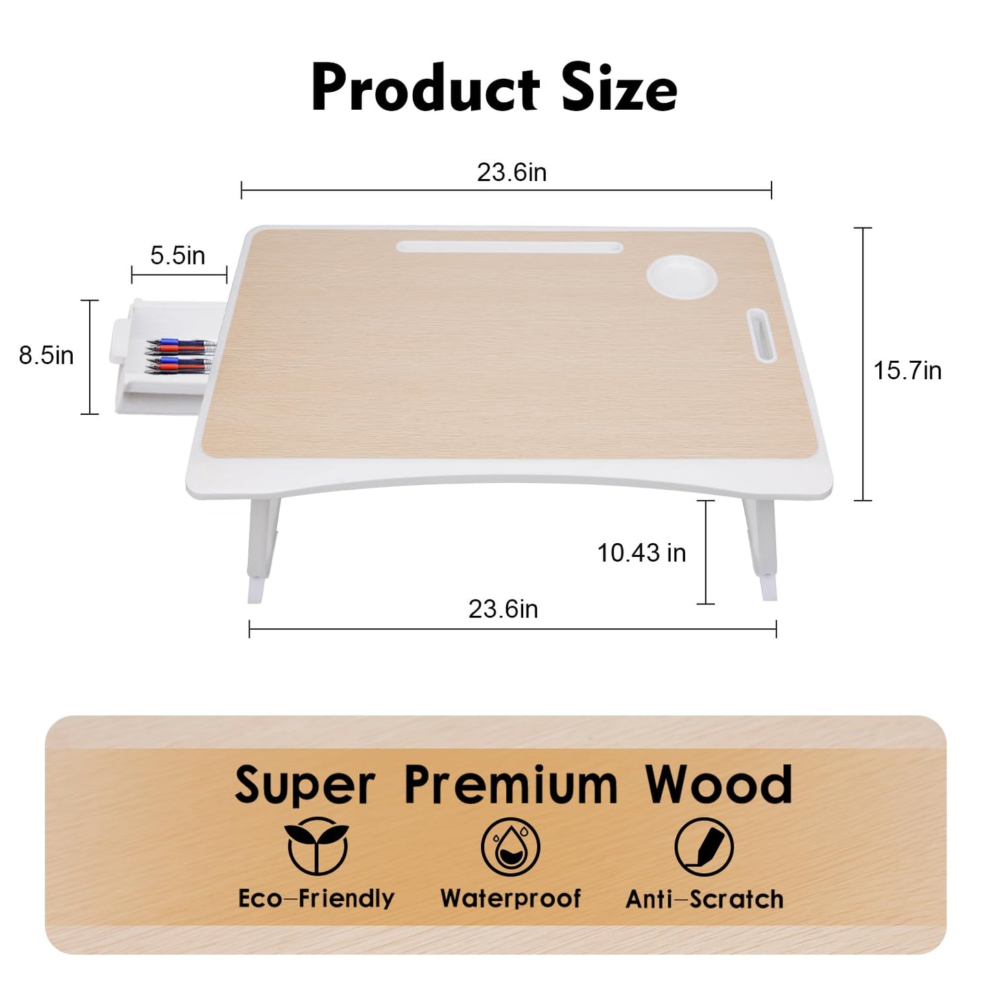 Amaredom Lap Desk, Foldable Bed Desk for Laptop, 60cm x40 cm - White Oak