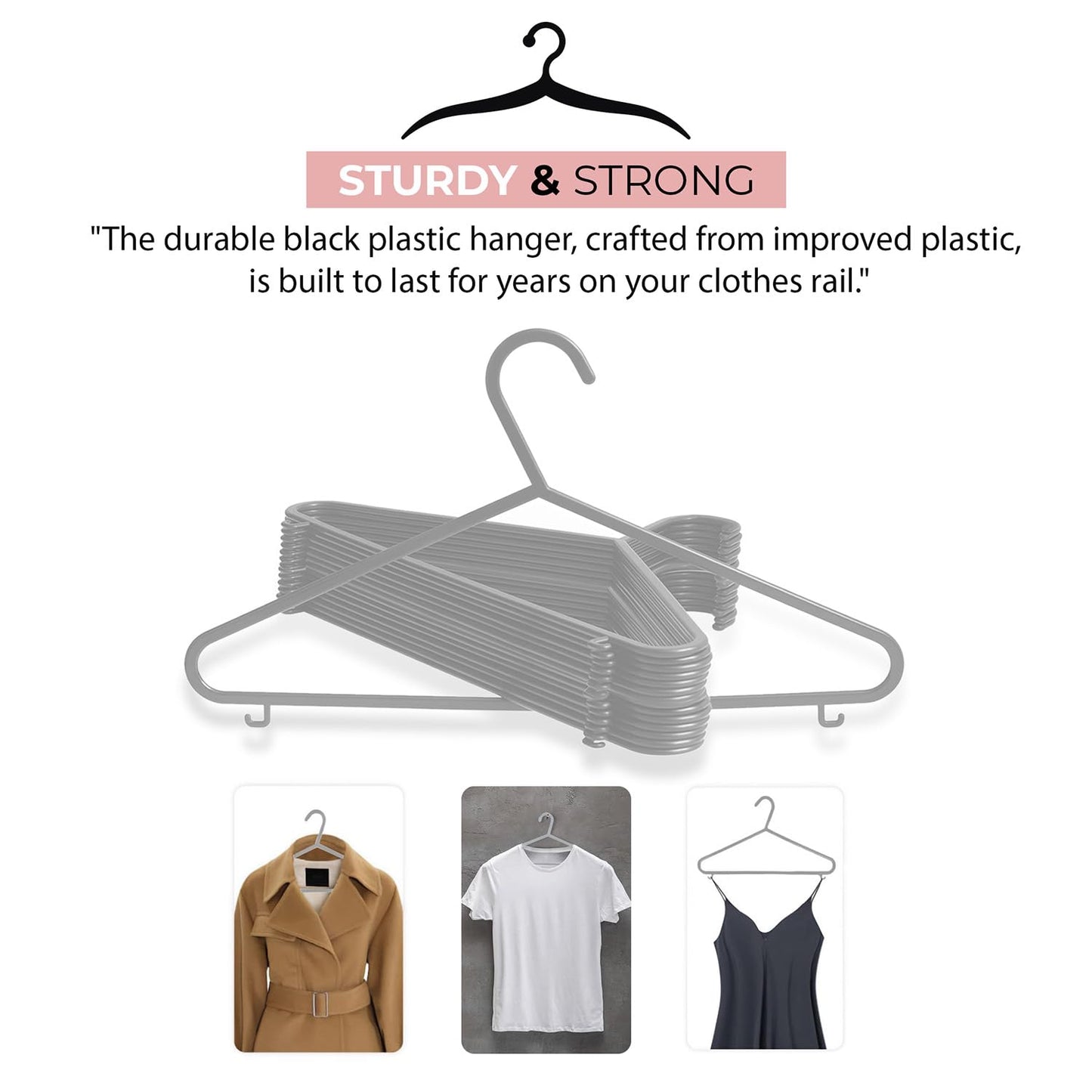 Roe Tenpo Coat Hangers, Grey | Adult Plastic Clothes Hangers for Clothes | Durable & Lightweight | Non-Slip, Space-Saving Design for Shirts, Jackets