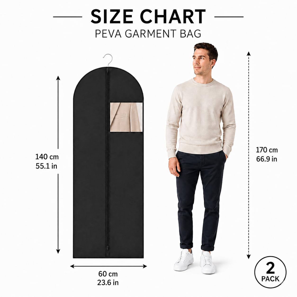 Sytinnice 2 Pack Dress Bags Covers Long 60 x 140 cm / 24 x 55 in, PEVA Hanging Garment Bags with Zipper