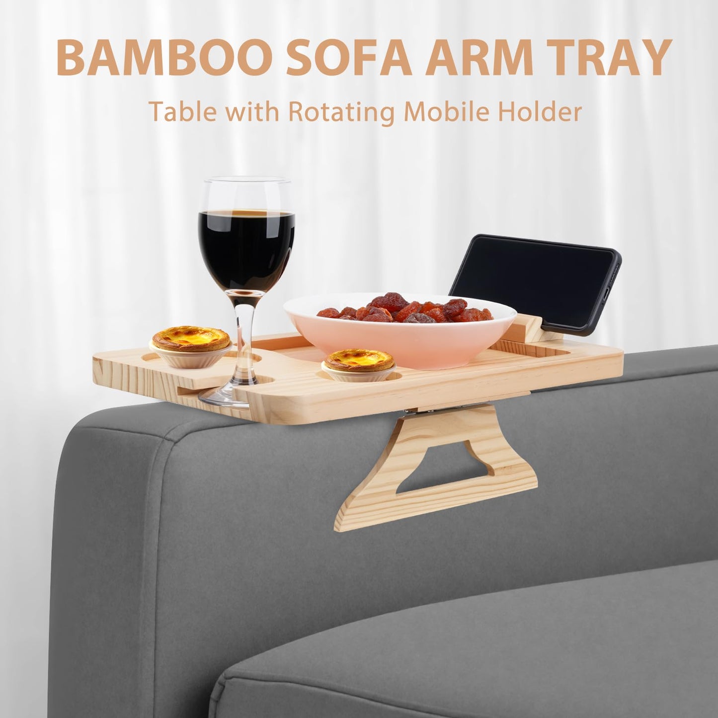 Natural Pine Sofa Armrest Tray,Drink Holder Arm with 360° Rotating Phone Stand. Holds Cups, Phones, Snacks, etc. Foldable & Clip-on Design
