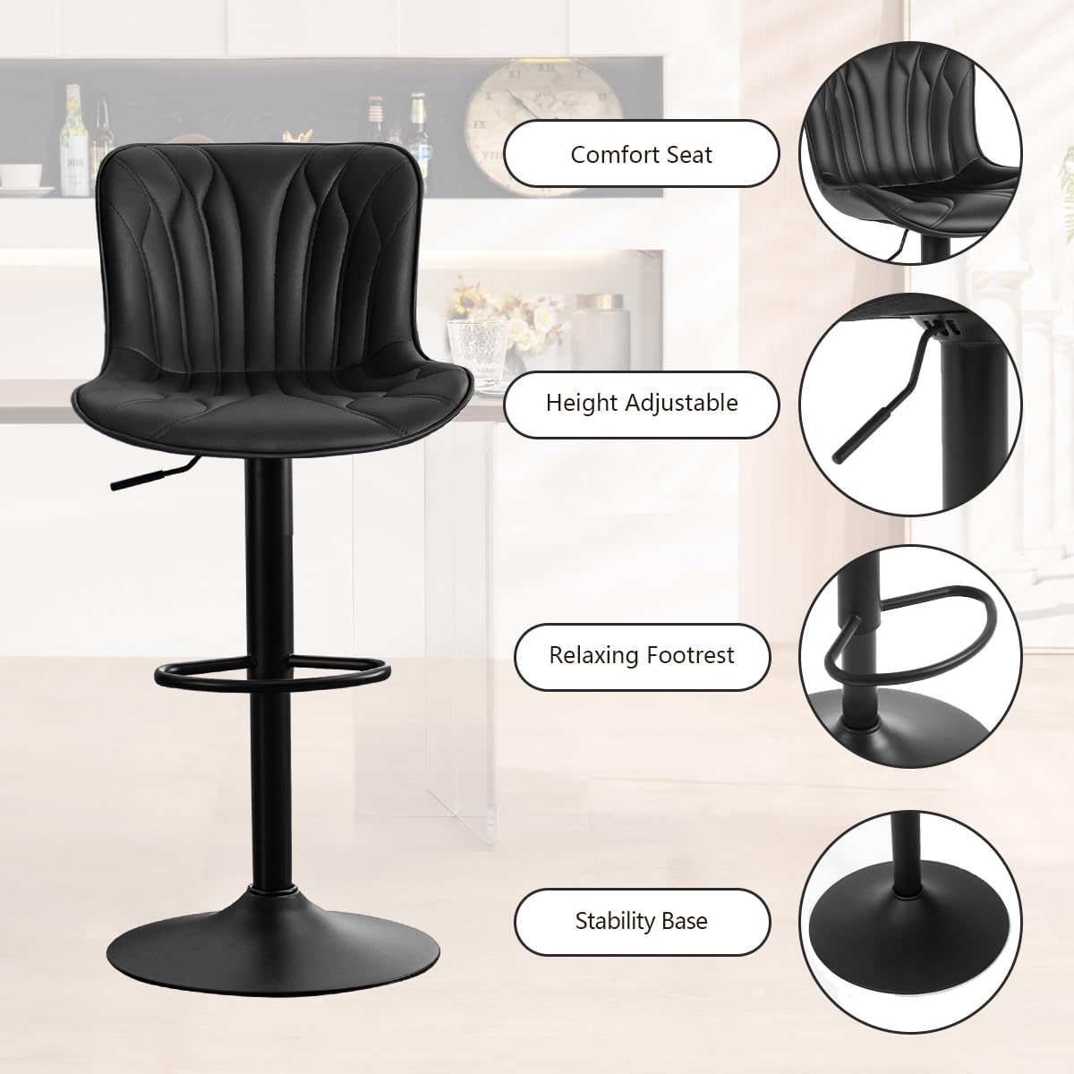 Kidol & Shellder Bar Stools Set of 2 Swivel Breakfast Barstools, Black
