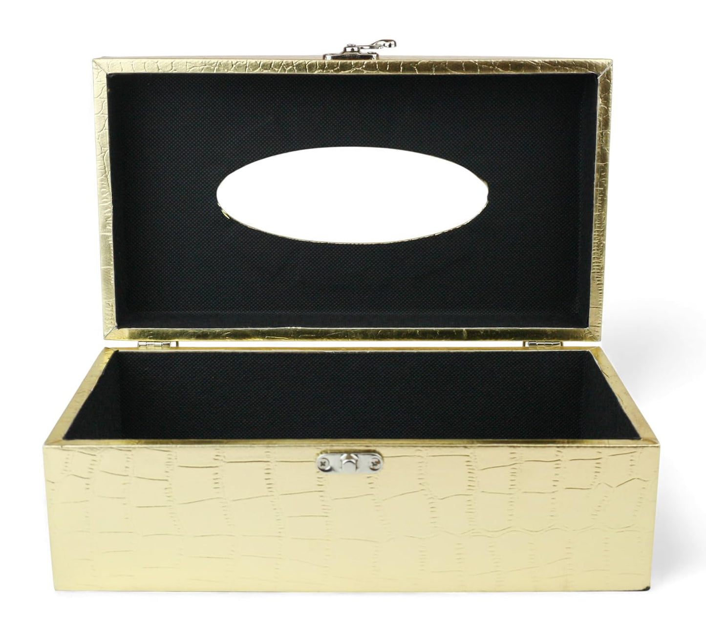 Emartbuy Gold Croc Texture Faux Leather Tissue Holder Metal Clasp Luxury