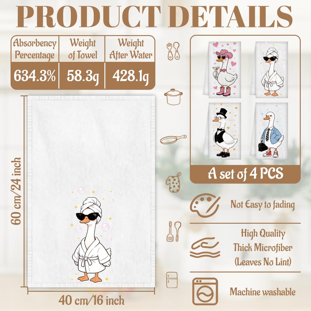 WADORN 4Pcs Funny Goose Kitchen Hand Towels, Cute Goose Kitchen Dish Tea Towels 24 x 16 Inch Soft Microfiber Absorbent Home Bathroom Decorative Gifts