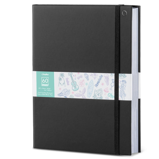 Ohuhu Double-Sided Bleedproof A4 Sketchbook - 120 Pages (60 Sheets) 150GSM No Bleed-Through Paper for Alcohol Markers, PU Leather Hardcover Art