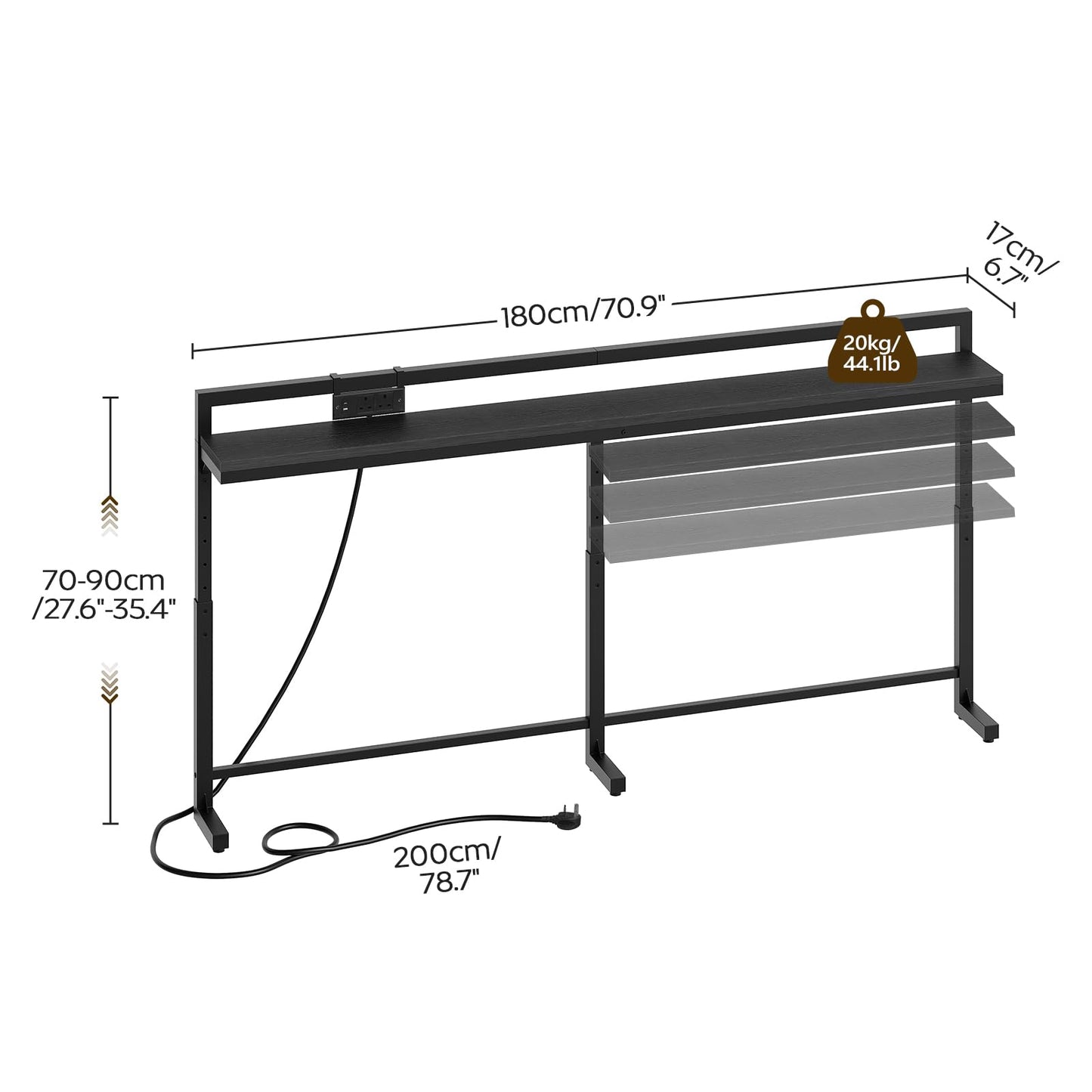 YATINEY 180 cm Slim Console Table with Adjustable Height (70 cm-90 cm), Behind Sofa Table Skinny with Outlet, Long Entryway Table
