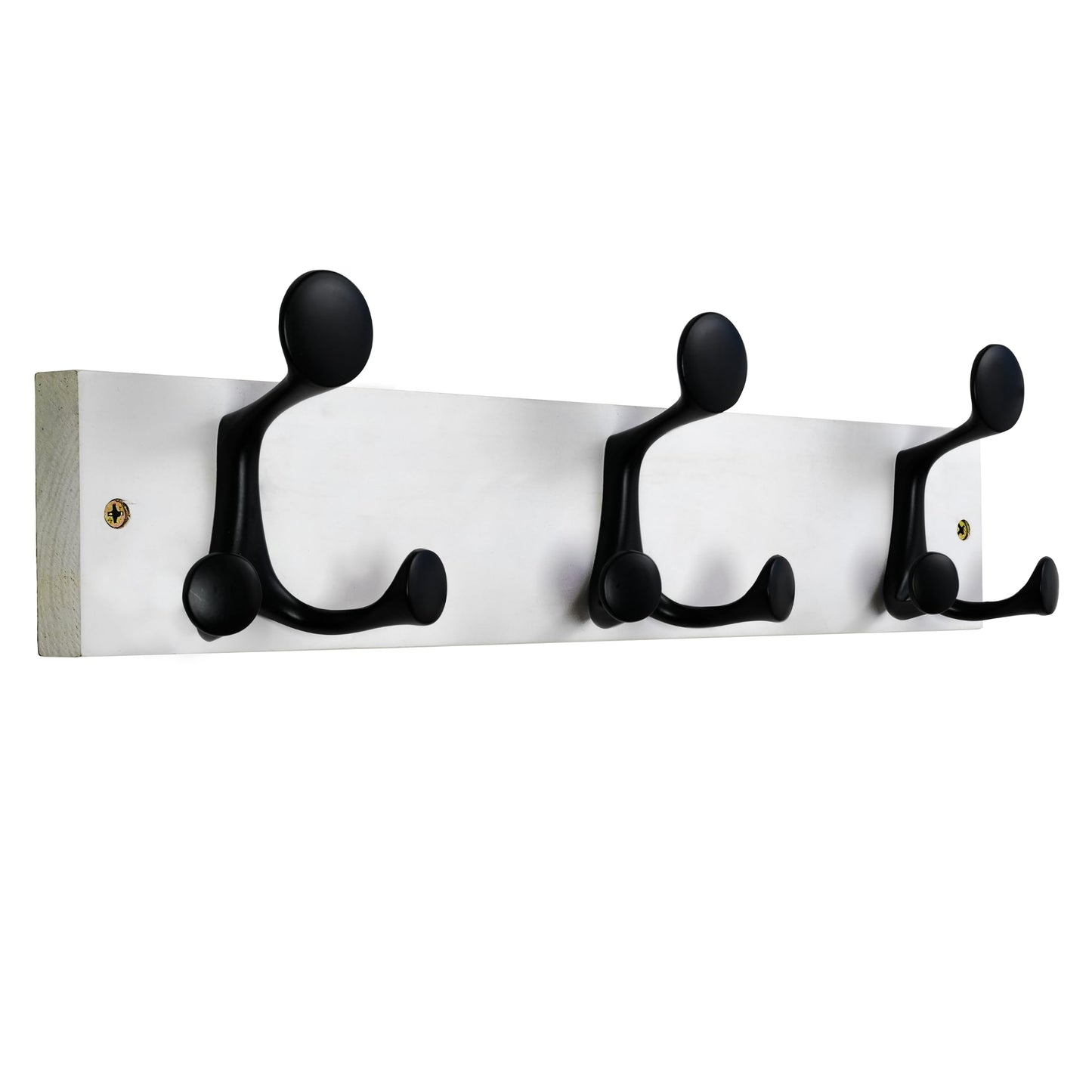 HONSKY Wall Mounted Coat Rack, 43cm White Pine Wood Base, 3 Black Sturdy Aluminium Alloy Triple Hooks (9 Hanging Points)