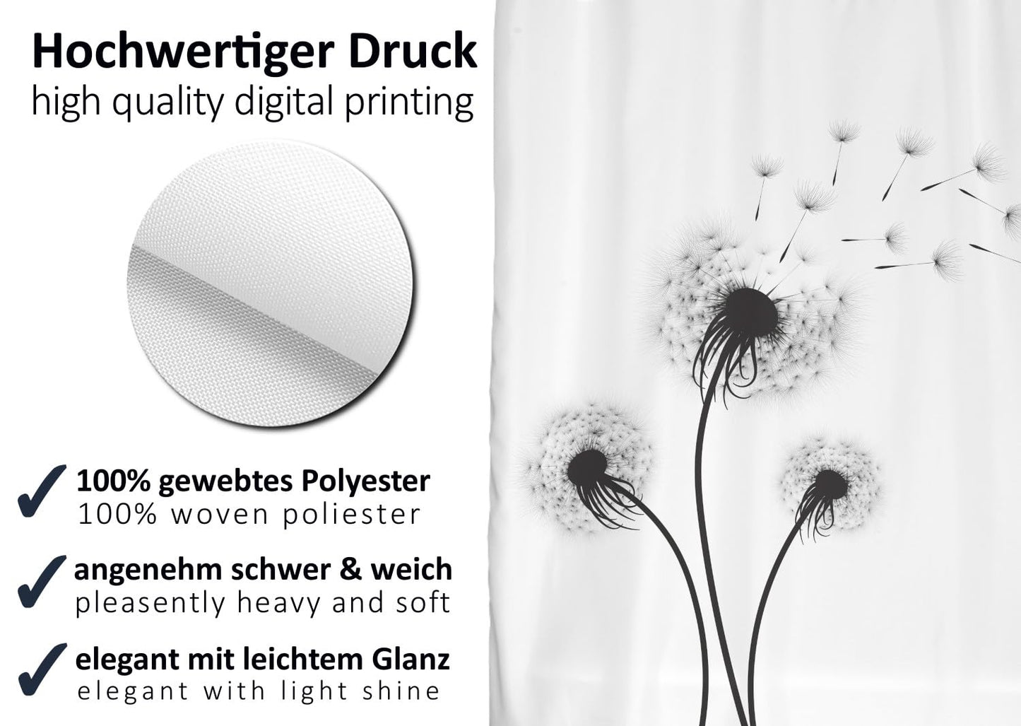 arteneur Anti-Mould Shower Curtain 180 x 200 cm Black and White Shower Head