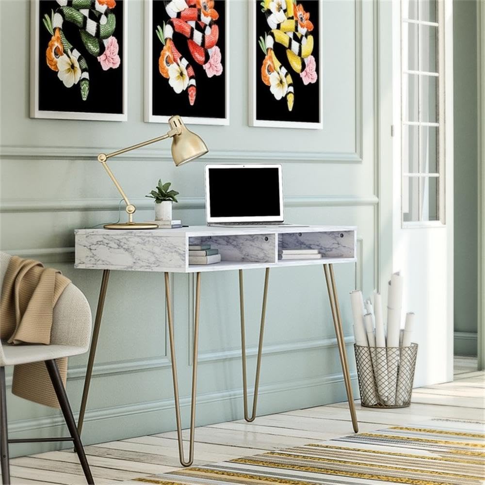 Novogratz Athena Desk with Storage White Marble Look