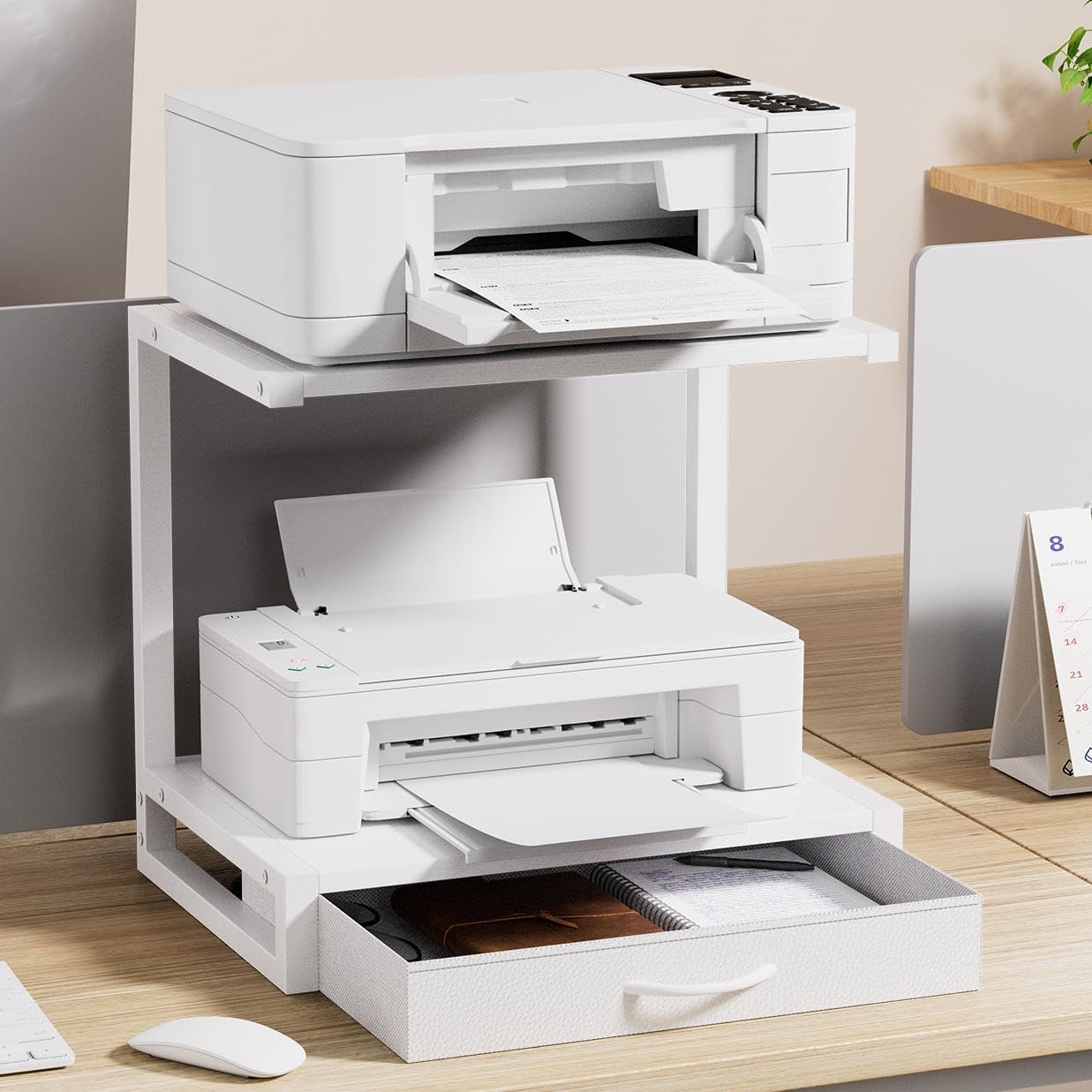 OYRREU 2-Tier Desktop Printer Stand with Fabric Drawer for Storage, White