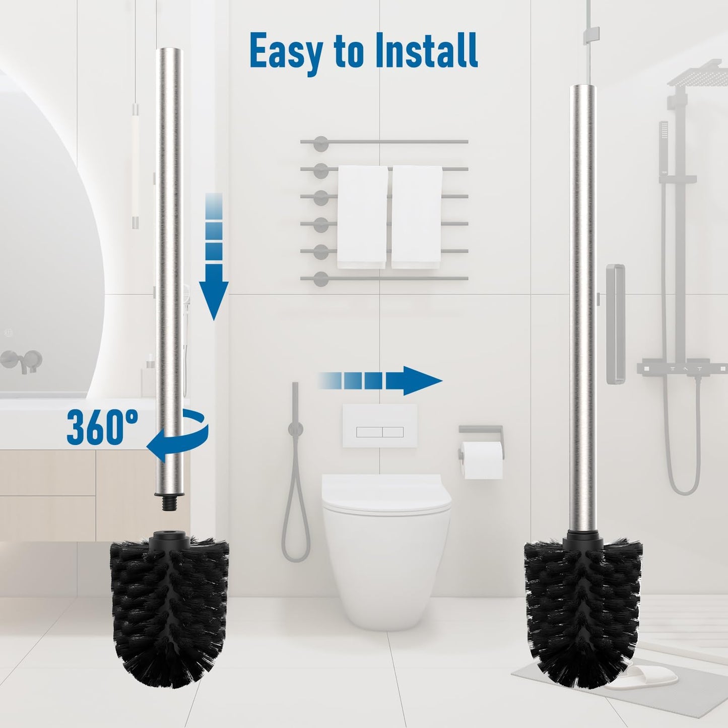 Mozmmhi Toilet Brush, Toilet Brush with 3 Replacement Heads, PP Toilet Brush Made of 304 Stainless Steel Handle for Bathroom Cleaning