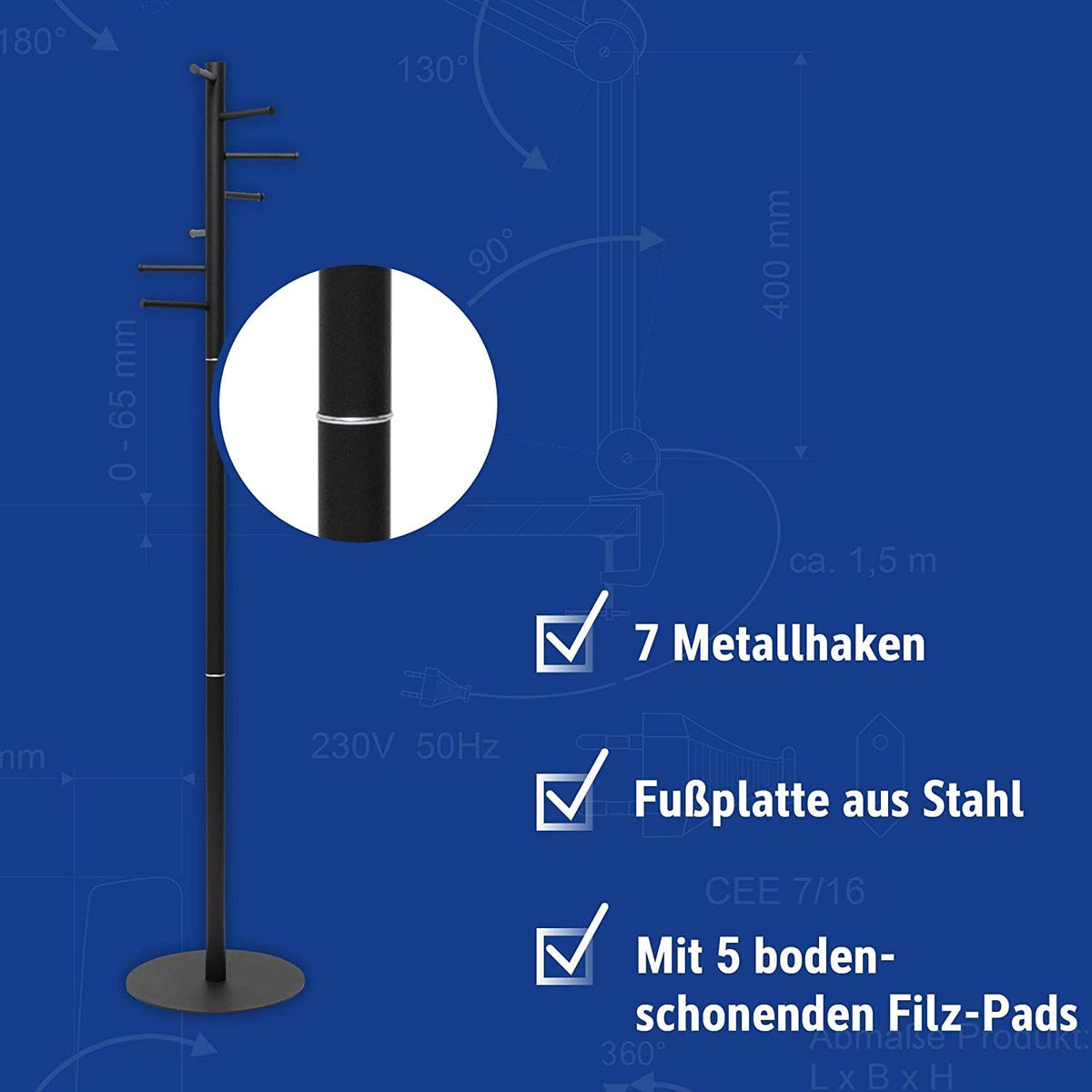 Maul Mauulcaurus Coat Stand | Sturdy, Space-Saving Standing Coat Rack | Stable Clothes Stand Ideal for Entrance Areas, Office Spaces or Home | Black