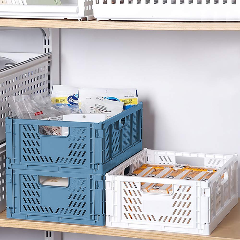 2 Blue 2 white Plastic Storage Basket Folding Storage Boxe Crate Drawer Organizer Stackable Shelf Basket Collapsible Closet Container Food Fruit