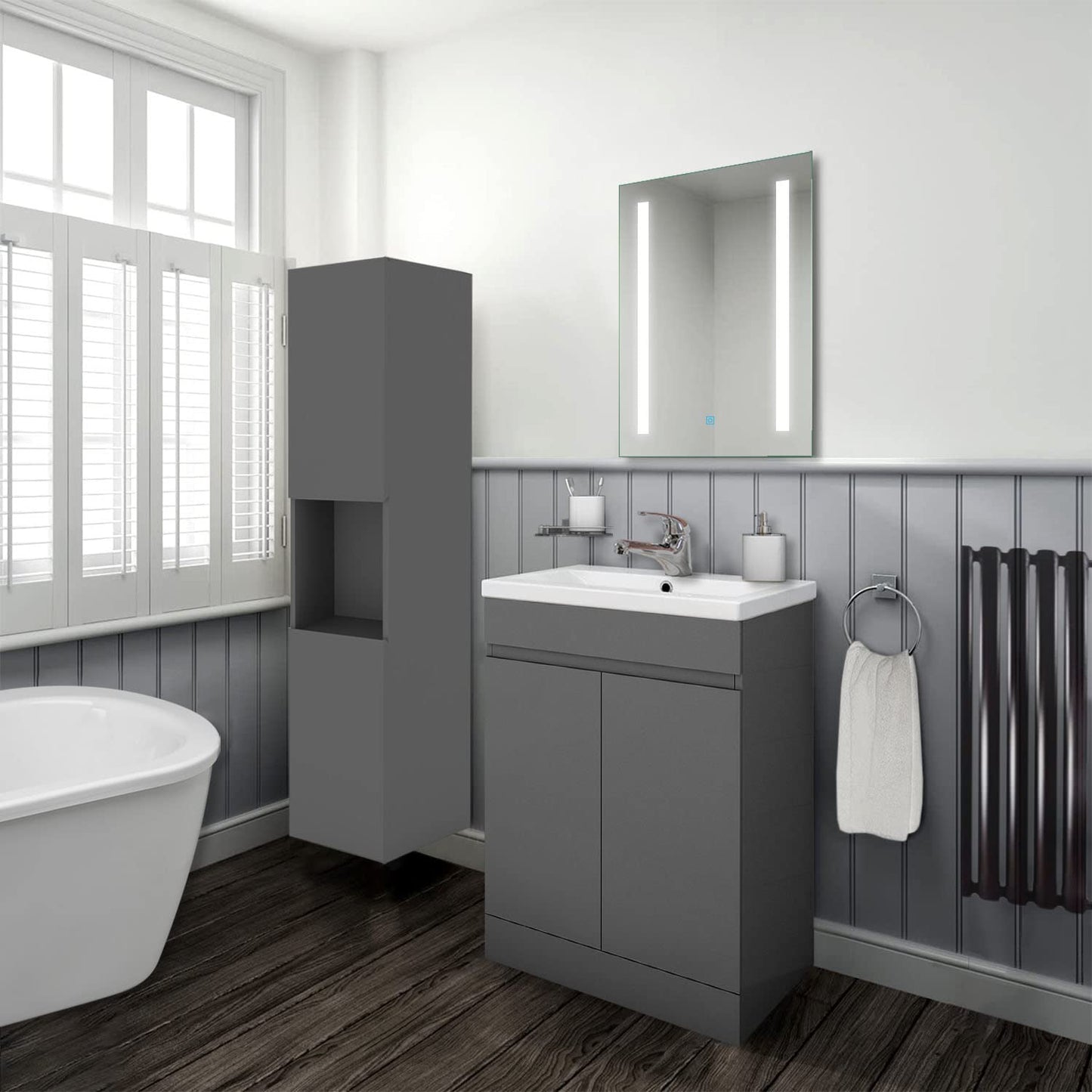 Biubiubath 600mm Bathroom Sink Unit with Basin Matt Grey 2 Soft Close Doors Freestanding Bathroom Suite with Vanity Unit