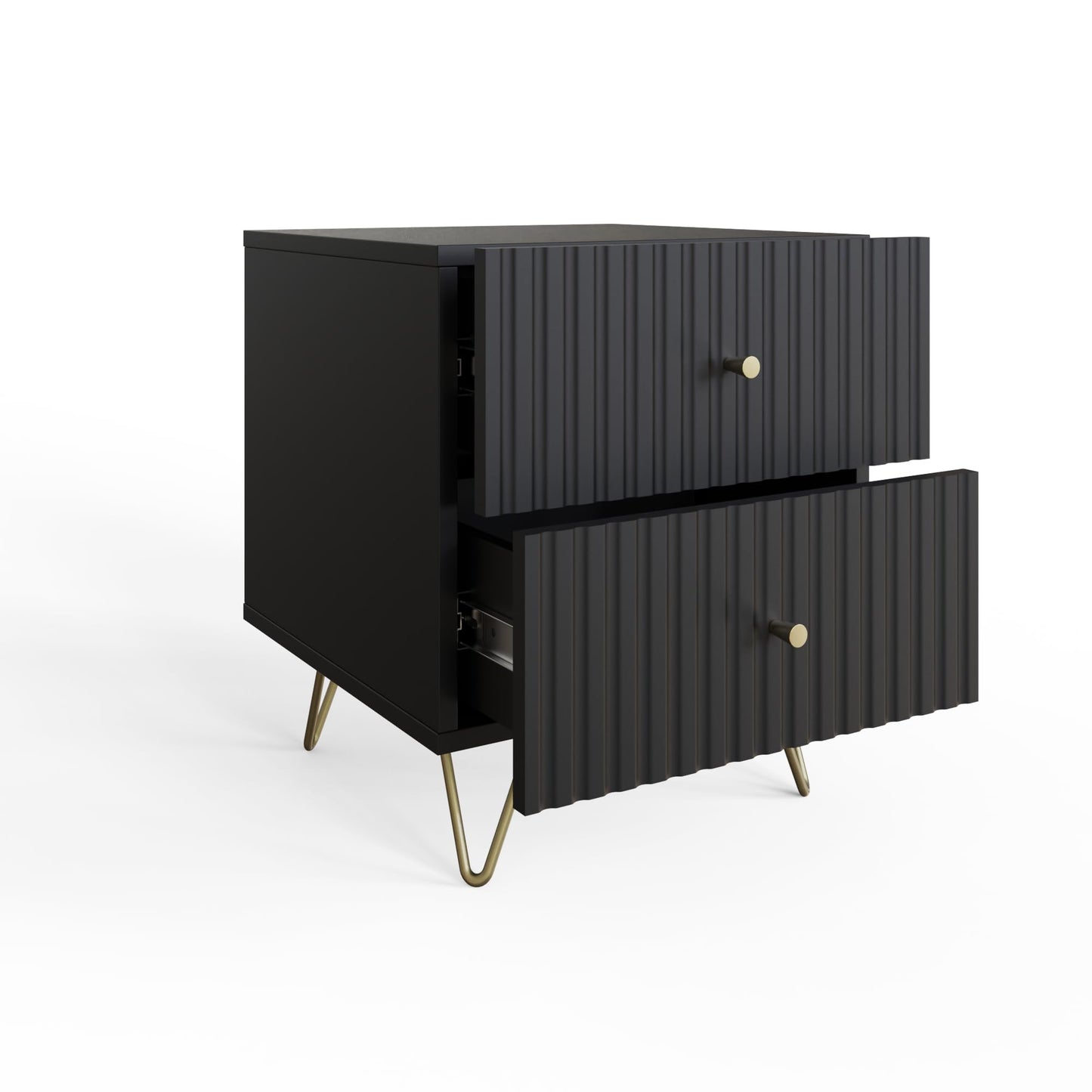 GFW Thalia 2 Drawer Bedside Table with Ribbed Front, Modern Nightstand with Brass Hairpin Legs for Bedroom Storage, Contemporary Side Table