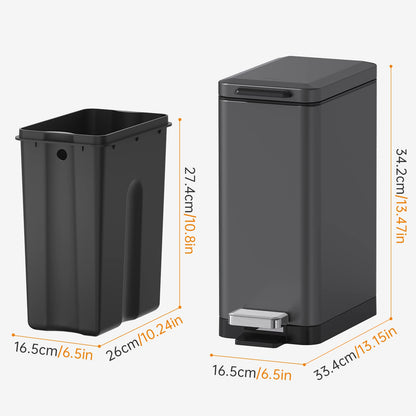 Mbillion Bathroom Step Trash Bin 10 Liter Slim Design Step-On Trash Can with Strong Pedal and Soft Close Lid Stainless Steel, Living Room, Office,Dark