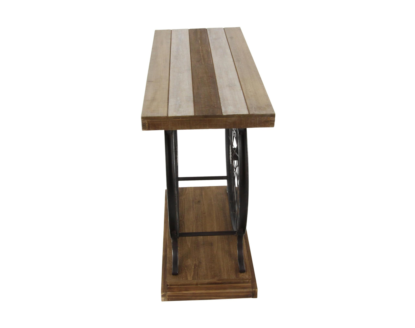 Deco 79 Wood Bike Wide Slatted Top Console Table with Dual Wheel Frame and Tiered Base, 39 Inch x 12 Inch x 25 Inch, Brown