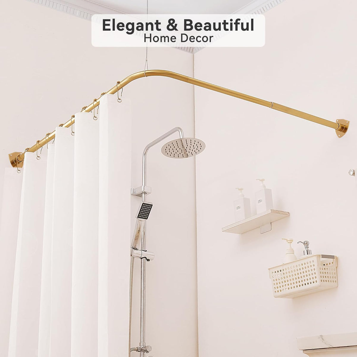 Shower Curtain Pole, L Shaped Shower Curtain Rail, Extendable Shower Curtain Rod for Bathroom, Clothing Store