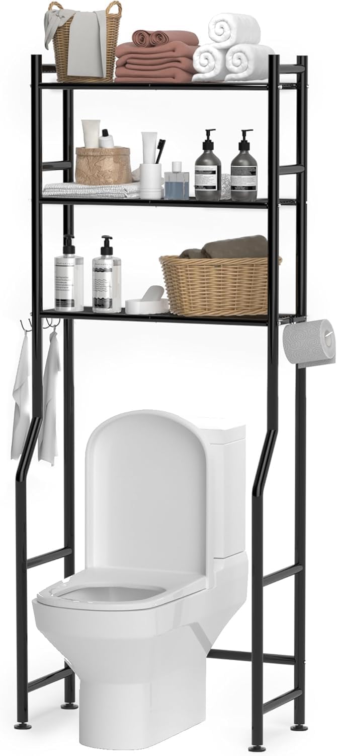 GloTika 3-Tier Over The Toilet Storage, Space Saver Metal Bathroom Shelves, Freestanding Above Over Toilet Storage Shelf with 4 Hooks for Bathroom