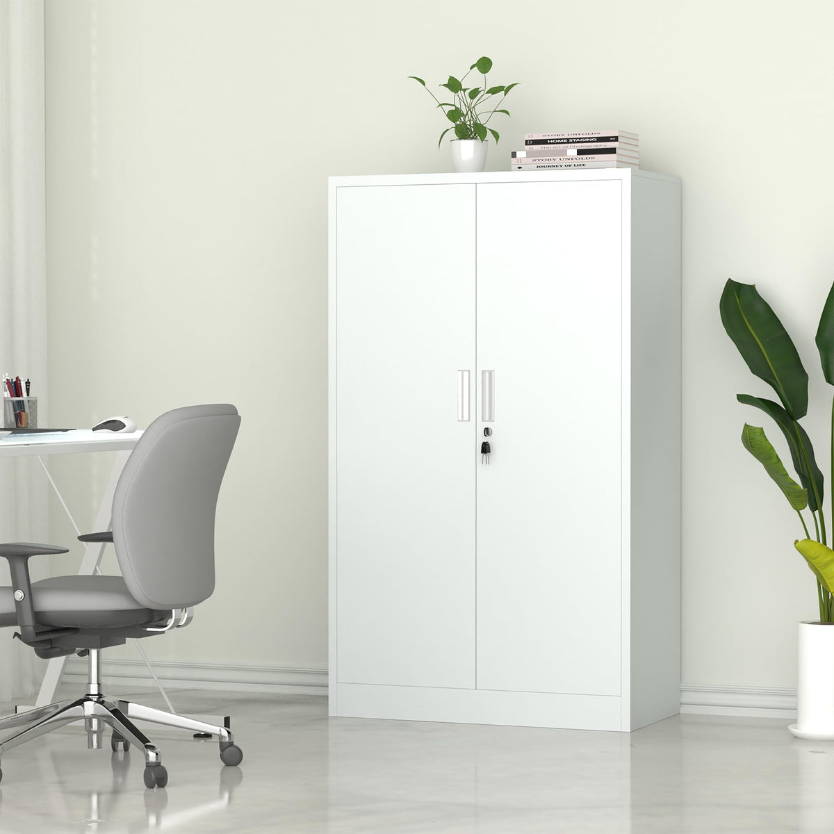 iJINGUR Metal Storage Cupboard with Locking Doors and 3 Adjustable Shelves, Lockable Steel Storage Cabinet for Home Office Garage Kitchen Pantry