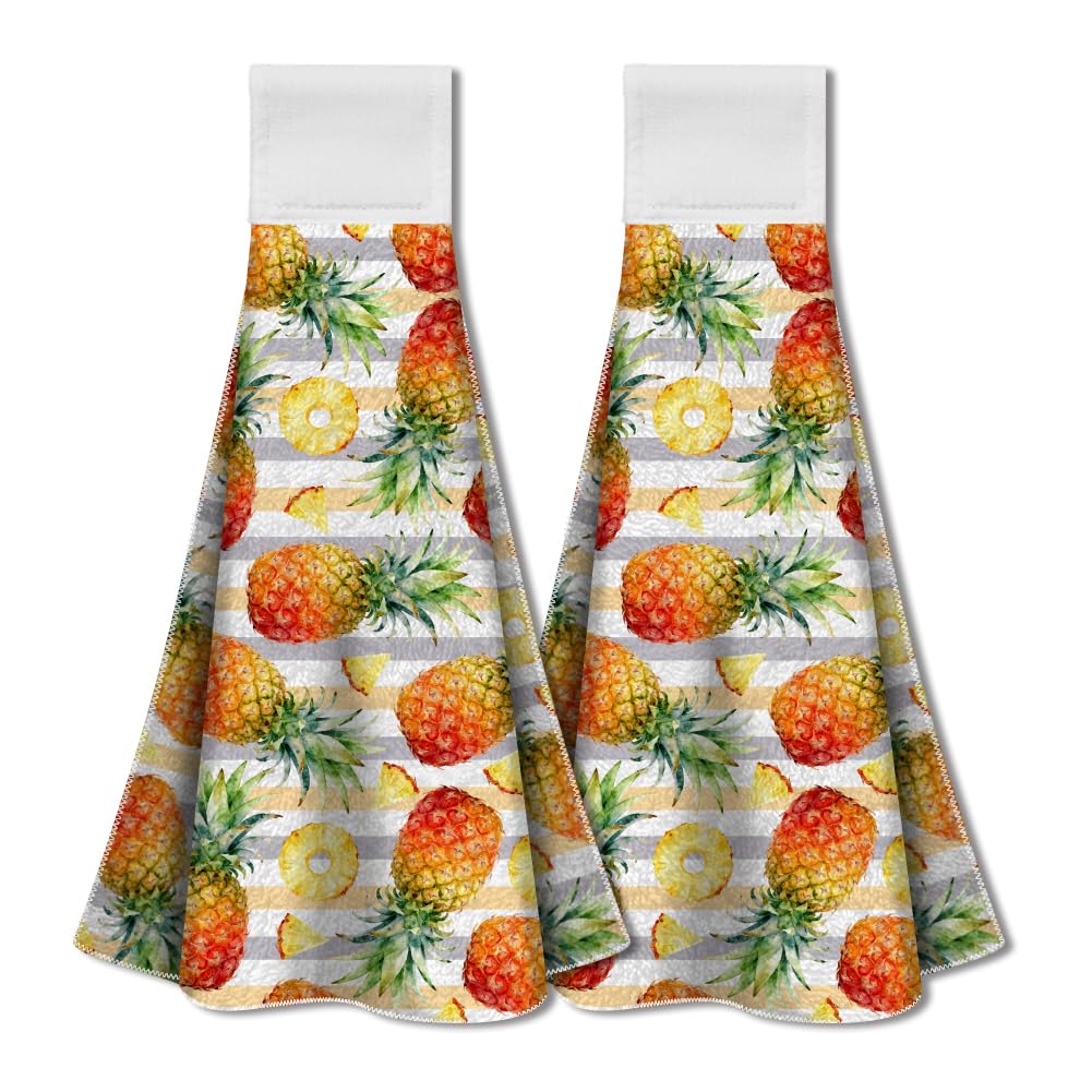 WADORN 2 Pack Pineapple Kitchen Hanging Towel with Loop, Tropical Fruits Hand Tie Towel Decorative Microfiber Soft Absorbent Hanging Dish Tea