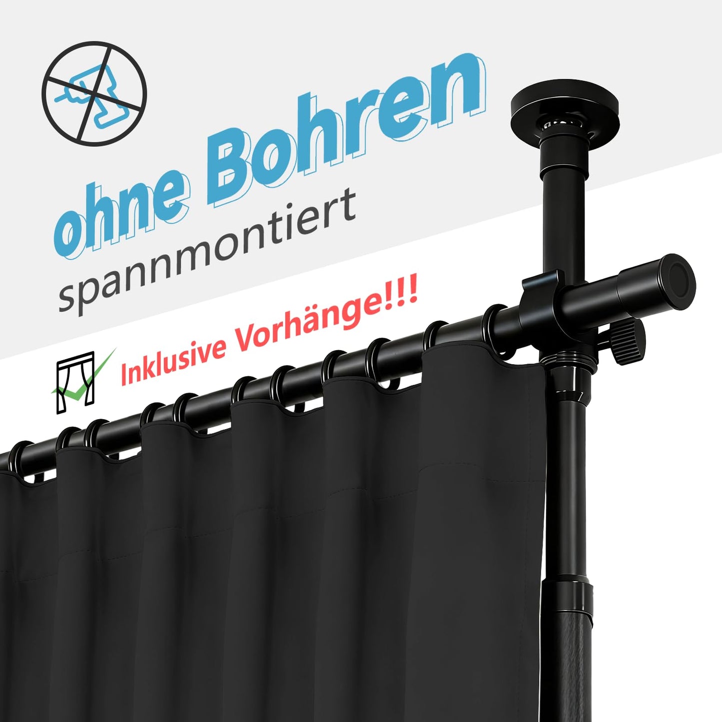 JILRON ROOM DIVIDER CURTAIN COMPLETE SET (1 BLACK CURTAIN: H 213cm x W 270cm POLE: H109-305cm x W89-254cm) Ideal for Rental Homes