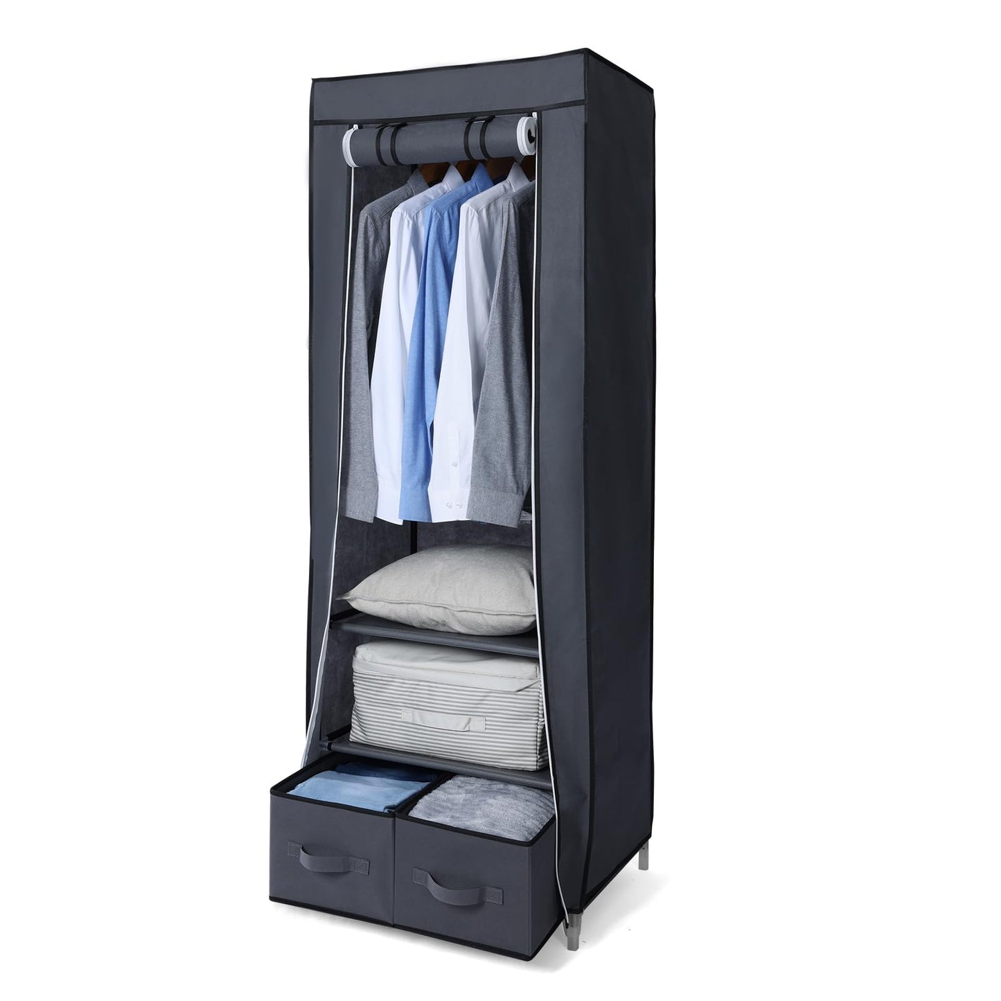 Single Canvas Wardrobe with 2 Drawers and Hanging Rail 160 x 59 x 43CM