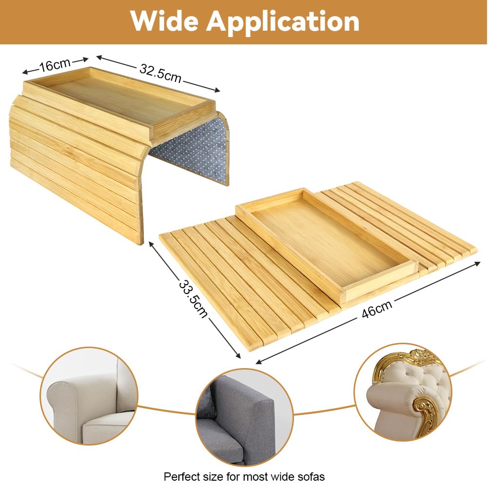 AOOHA Square Couch Protector Tray,Foldable Wooden Armrest Tray with Non-Slip Backing,Natural Bamboo Sofa Arm Table,Bamboo Sofa Rest Table for