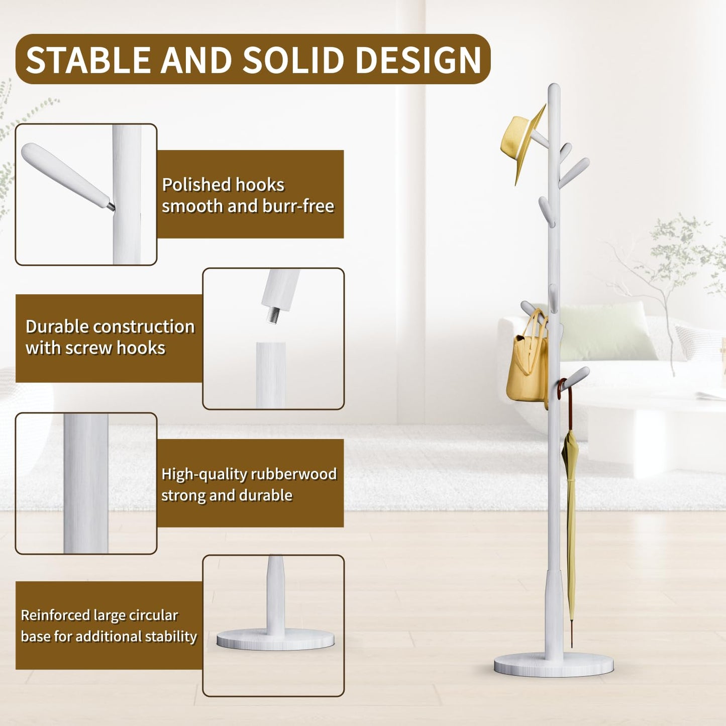Awatiwa Solid Wood Round Base Coat Rack, Free Standing Hall Coat Tree with 8 Hooks（+2 spare for Coats, Hats, Bags, Purses, for Entryway, Hallway
