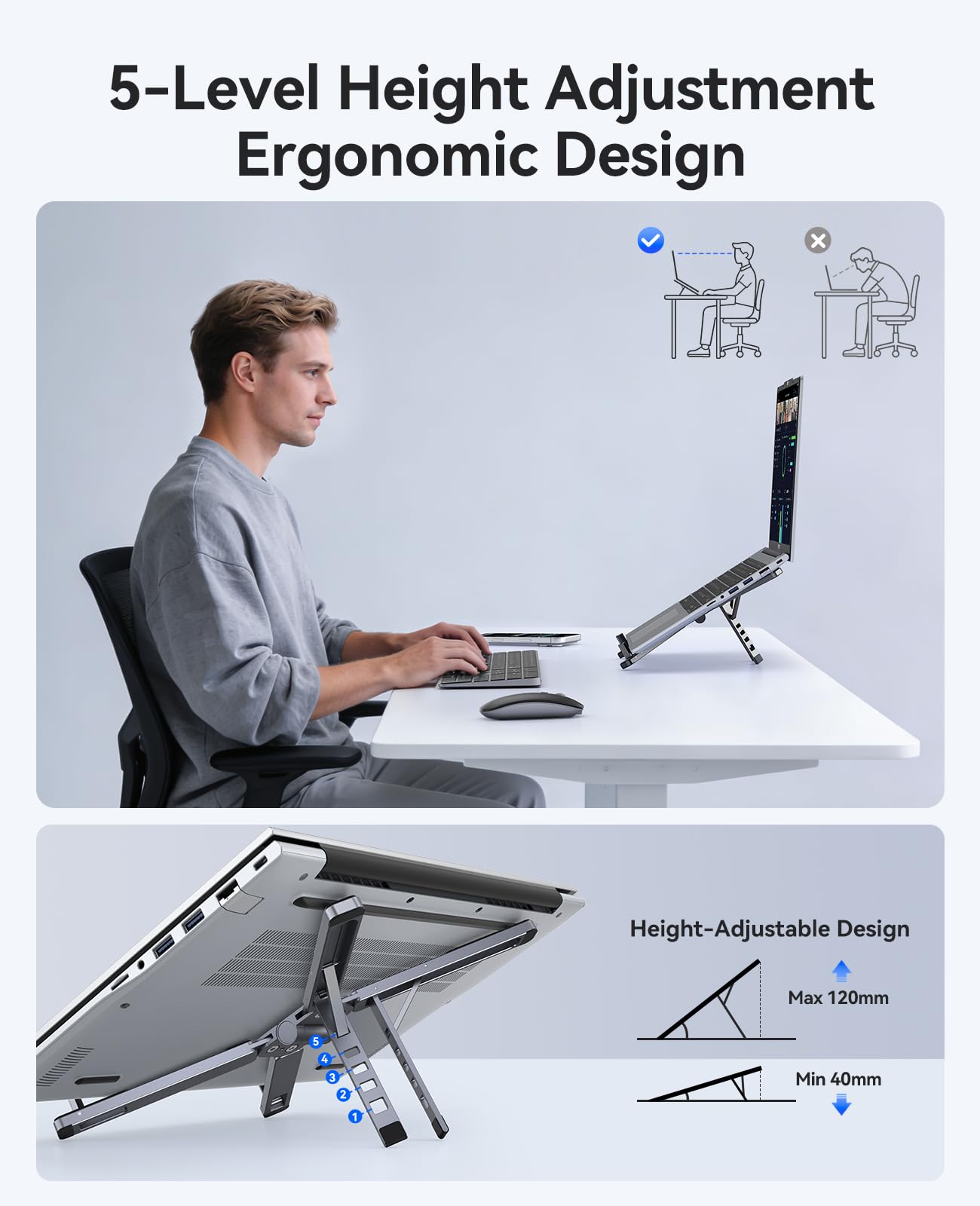 ORICO Portable Laptop Stand for Travel & Desk, Ultra-Compact Foldable Aluminum 3-in-1 Riser for Laptop, Tablet & Phone, 5 Adjustable Heights