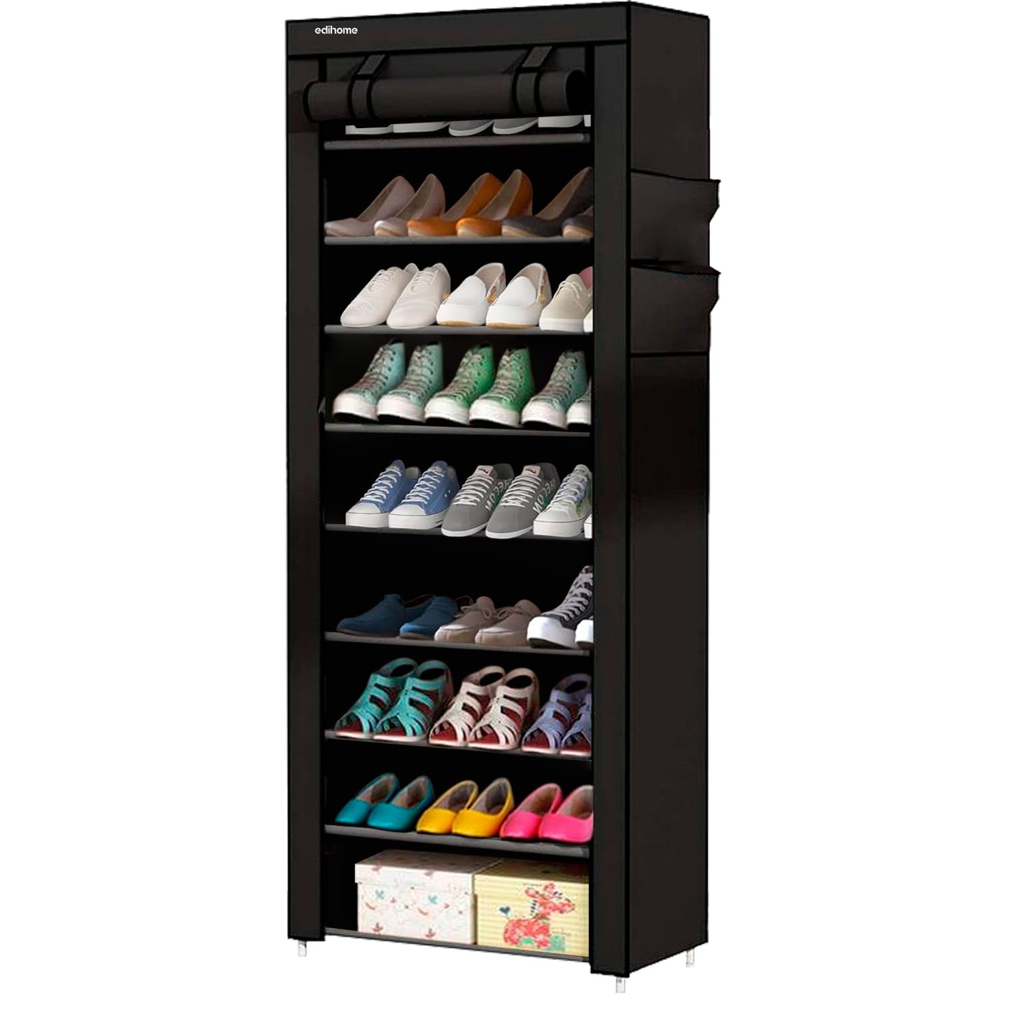 edihome, Fabric Shoe Rack, 9 Levels, Narrow and High Shoe Racks, (58 x 28 x 162 cm) with Outer Cover, with Zip, for Trainers, Heels or Shoes (Black)