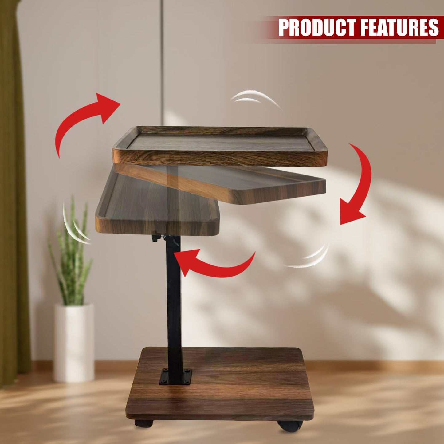 Aegistus C Table End Table Adjustable Height, 360°Swivel TV Tray Table for Small Spaces with 4 Casters(Walnut Brown)