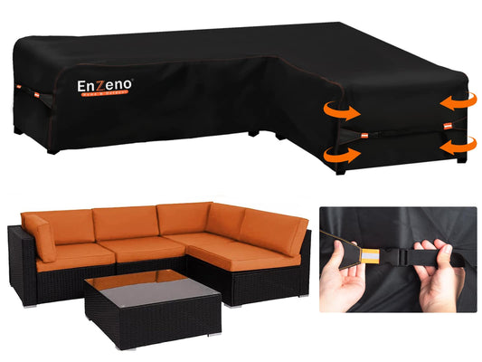 Enzeno Garden L-Shape Furniture Cover Waterproof, 420D Heavy Duty Oxford Fabric Outdoor Rattan Corner Sofa Cover with Waterproof Tape (210 * 140 *