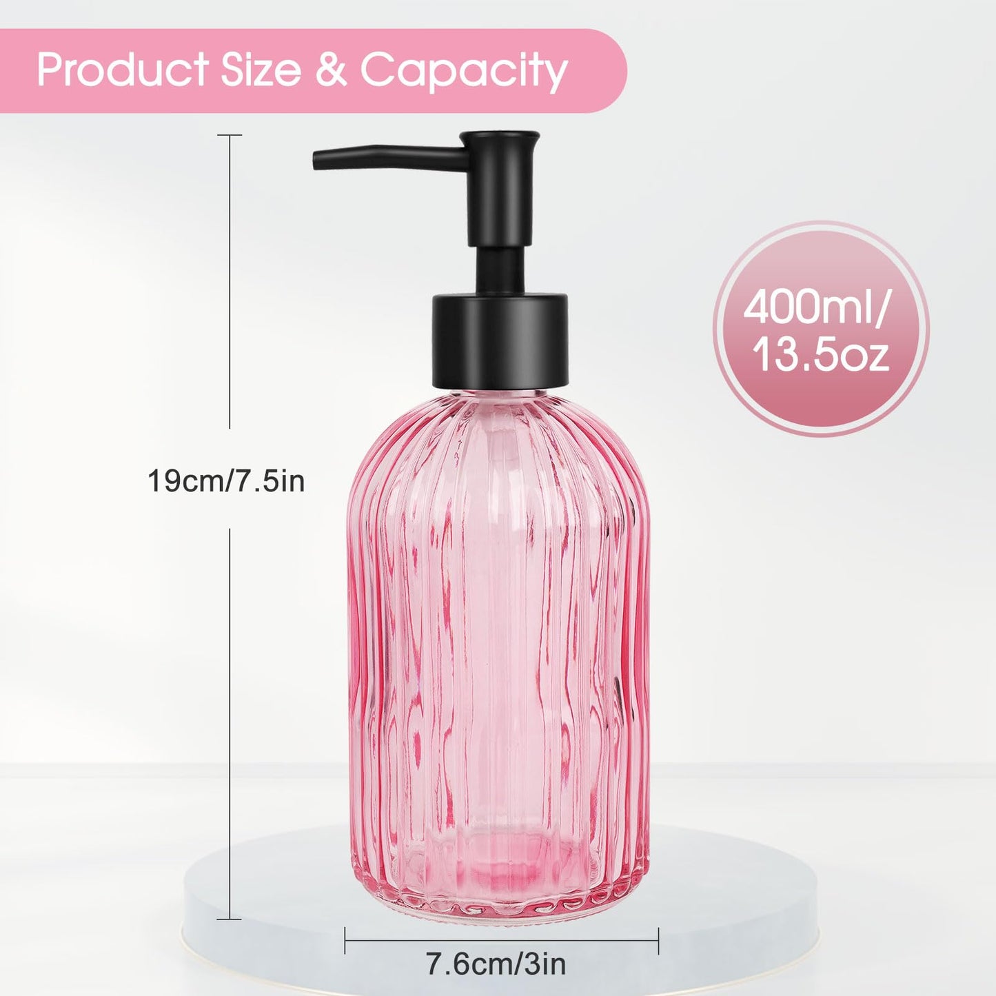 Topsky Glass Soap Dispenser with Black Rustproof Plastic Pump, 400ml Pink