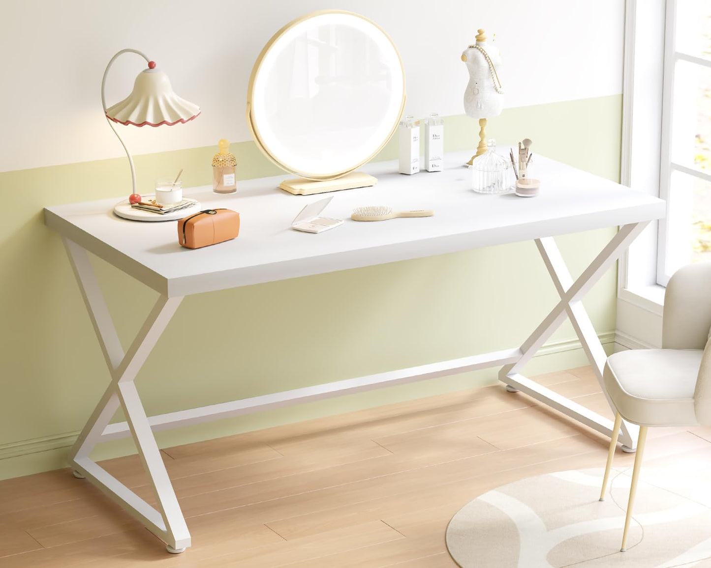 IBF White Computer Desk, Modern Home Office Desk for Writing Work Study, Simple Wooden Metal Pc Gaming Desk in Bedroom