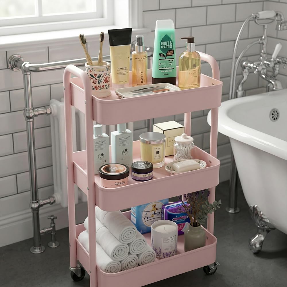 BSTHOK Storage Rolling Cart Trolley Metal Mobile Shelving Organiser with 360° Swivel Wheels for Kitchen, Bedroom