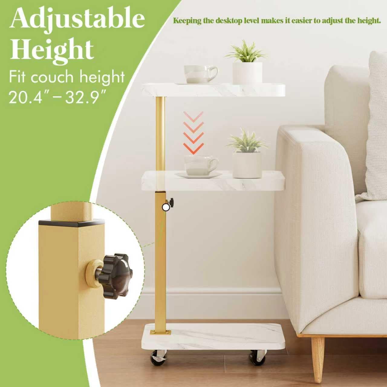 C-Shaped Side Table, Height Adjustable Sofa Table, 360° Swivel Tray Table