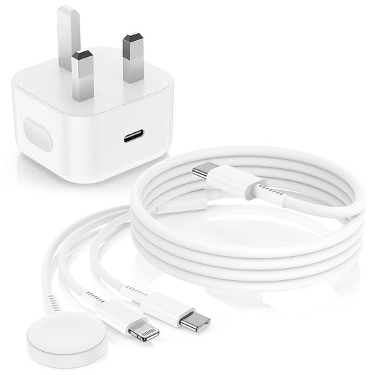 3 in 1 Charger Cable for Apple Watch and iPhone, 20W USB C Plug with Fast Charging Type C and Lightning Lead 2M for iWatch Series