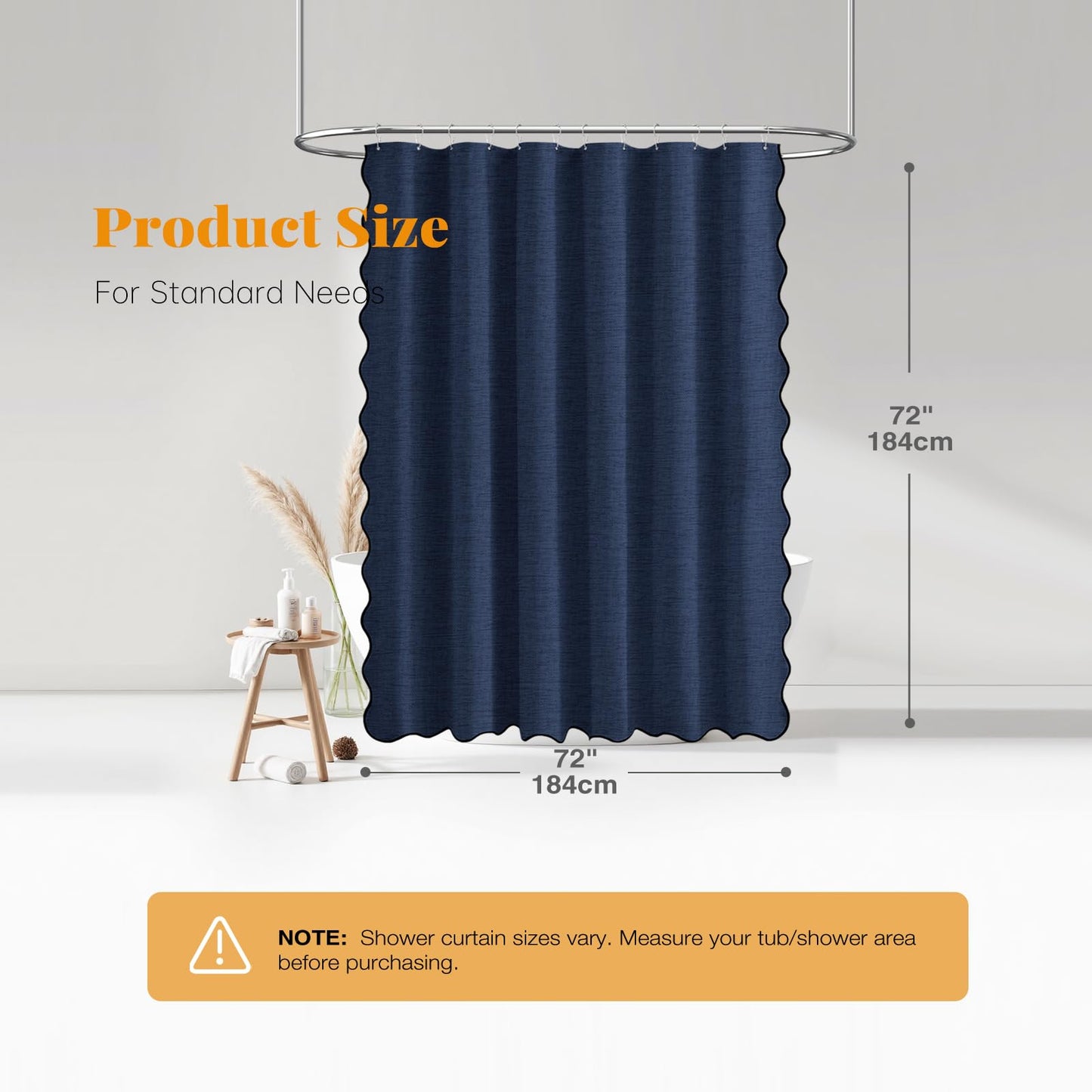 BTTN Scalloped Linen Look Shower Curtain, Waterproof, 184x184cm, Navy Blue