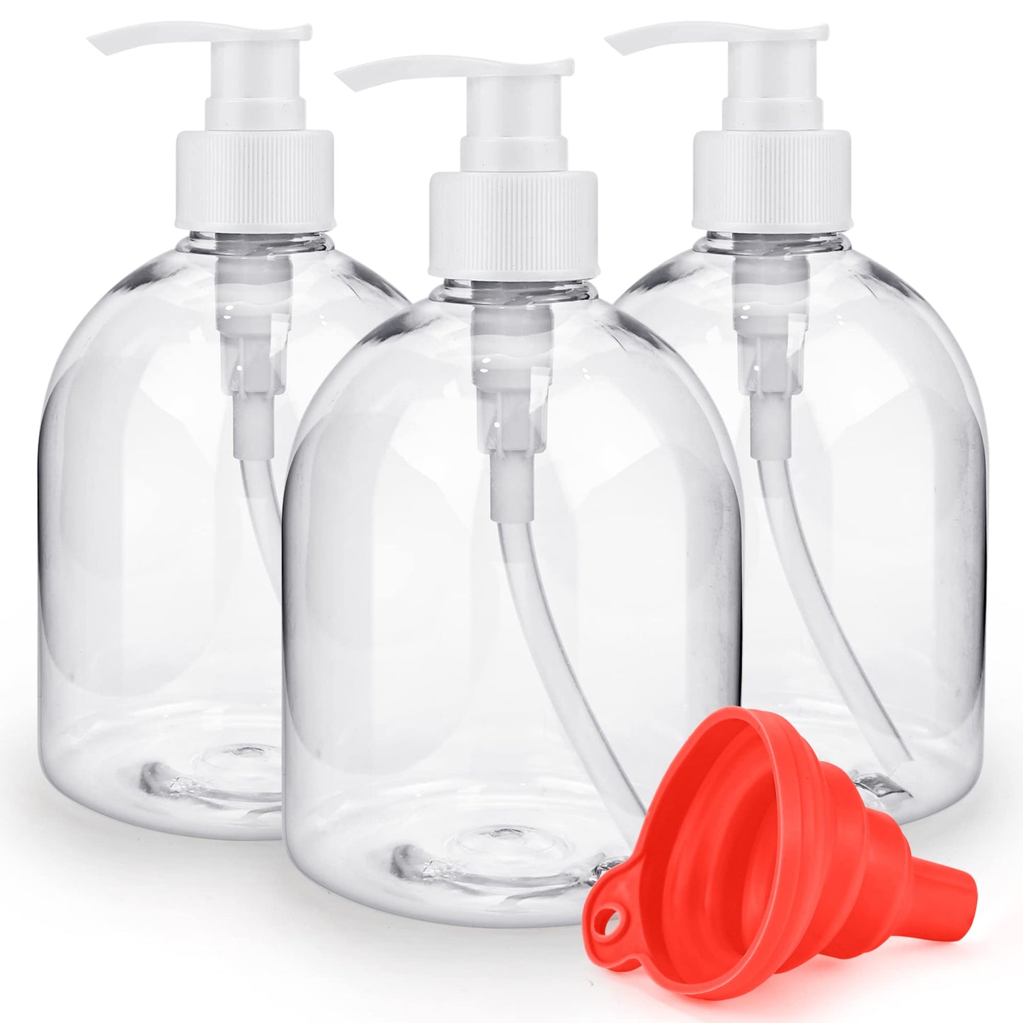 3Pcs 500ml/17oz Empty Refillable Plastic Pump Bottles, Reusable Large Capacity Transparent Soap Lotion Dispenser with Silicone Funnel & Labels for