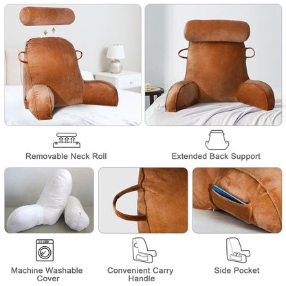 Mingfuxin Reading Pillows for Bed Sofa, Bed Backrest Pillows with Neck Arm Back Support Pillow, Adult Back Reading Cushion with Detachable Neck Roll &