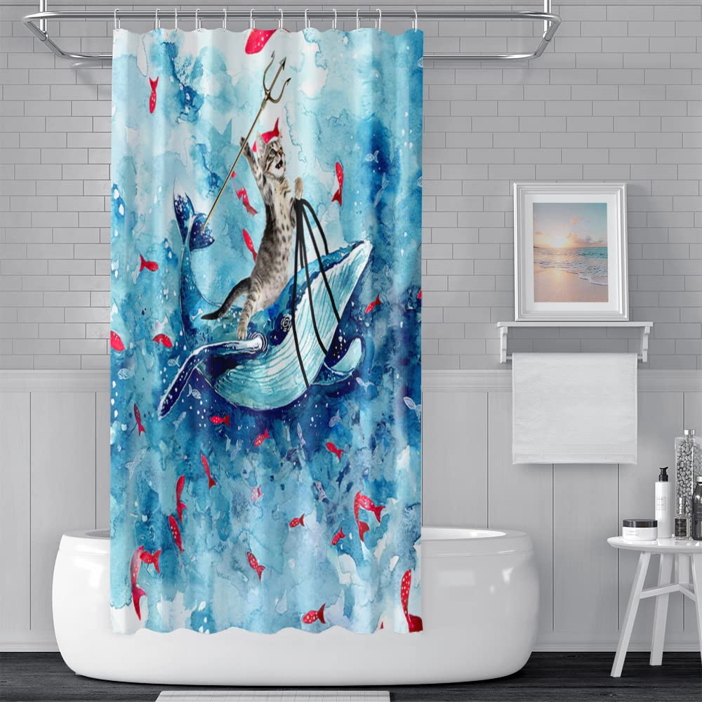 SDOTPMT 122x183cm Funny Cat Shower Curtain Cute Cat Riding Whale Ocean Wave Bath Curtain Cartoon Red Fish Blue Bathtub Curtain for Kids Bathroom