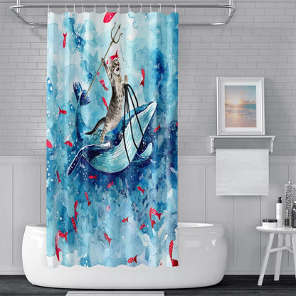 SDOTPMT 122x183cm Funny Cat Shower Curtain Cute Cat Riding Whale Ocean Wave Bath Curtain Cartoon Red Fish Blue Bathtub Curtain for Kids Bathroom