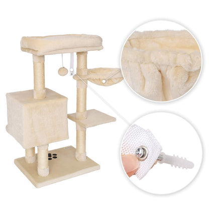 lionto Cat Scratching Post with Plush Ball Including Bell & Wall Bracket, Height 93 cm, Cat Tree with Sisal & Plush, Cosy Lying Surface & Caves,