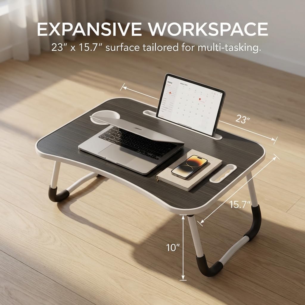 GnohGnoh Folding Lap Desk, 23 Inch Portable Wood Deep Black Laptop Bed Desk Lap Desk with Cup Holder, for Working Reading Writing, Eating