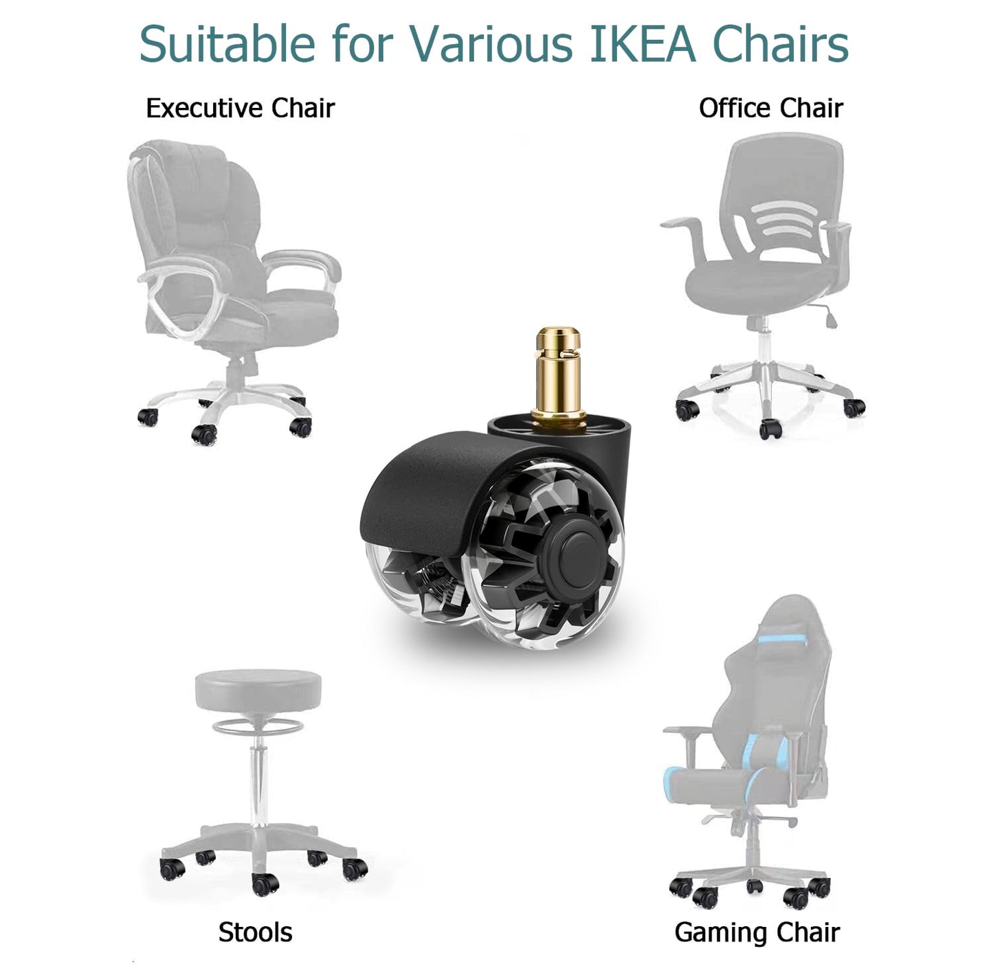 Office Chair Wheels 10 x 22 mm for 1KEA, Set of 5 Rubber Chair Castors for Gaming Chairs, Office Chair Wheels Replacement for Hard Floors, Parquet