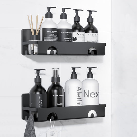 CHARYJOD Shower Caddy 2 Packs, Adhesive Shower Shelf Bathroom Shelf No Drill, Bathroom Shower Storage Rack with Hooks, Bathroom Kitchen Organiser