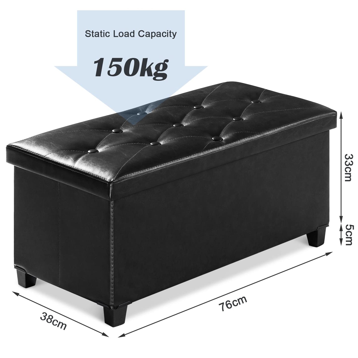 BRIAN & DANY Ottoman Storage Box with 4 Wood Legs, Faux Leather Storage Ottoman, Ottomans for Living Room, Black, 76 x 38 x 38 cm