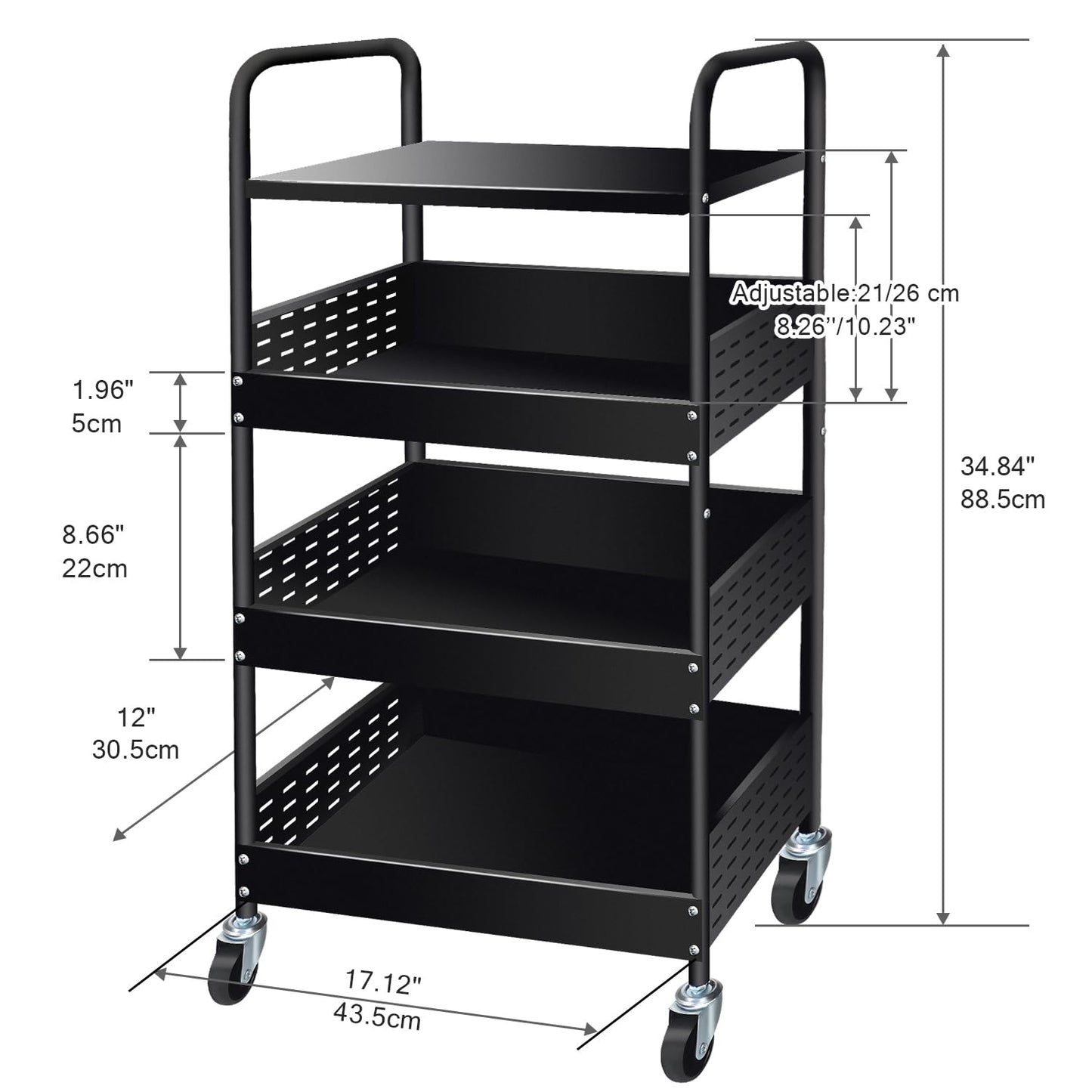 Goodsnetic 4-Tier Trolley Cart, Metal Storage Trolley on Wheels, Black
